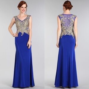 SEXY Gold Embroidery Royal Blue Dress 1556